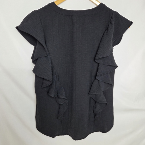 A New Day Black Ruffle-Trim Button Front Top Small Short Sleeve Business Casual - Picture 4 of 8